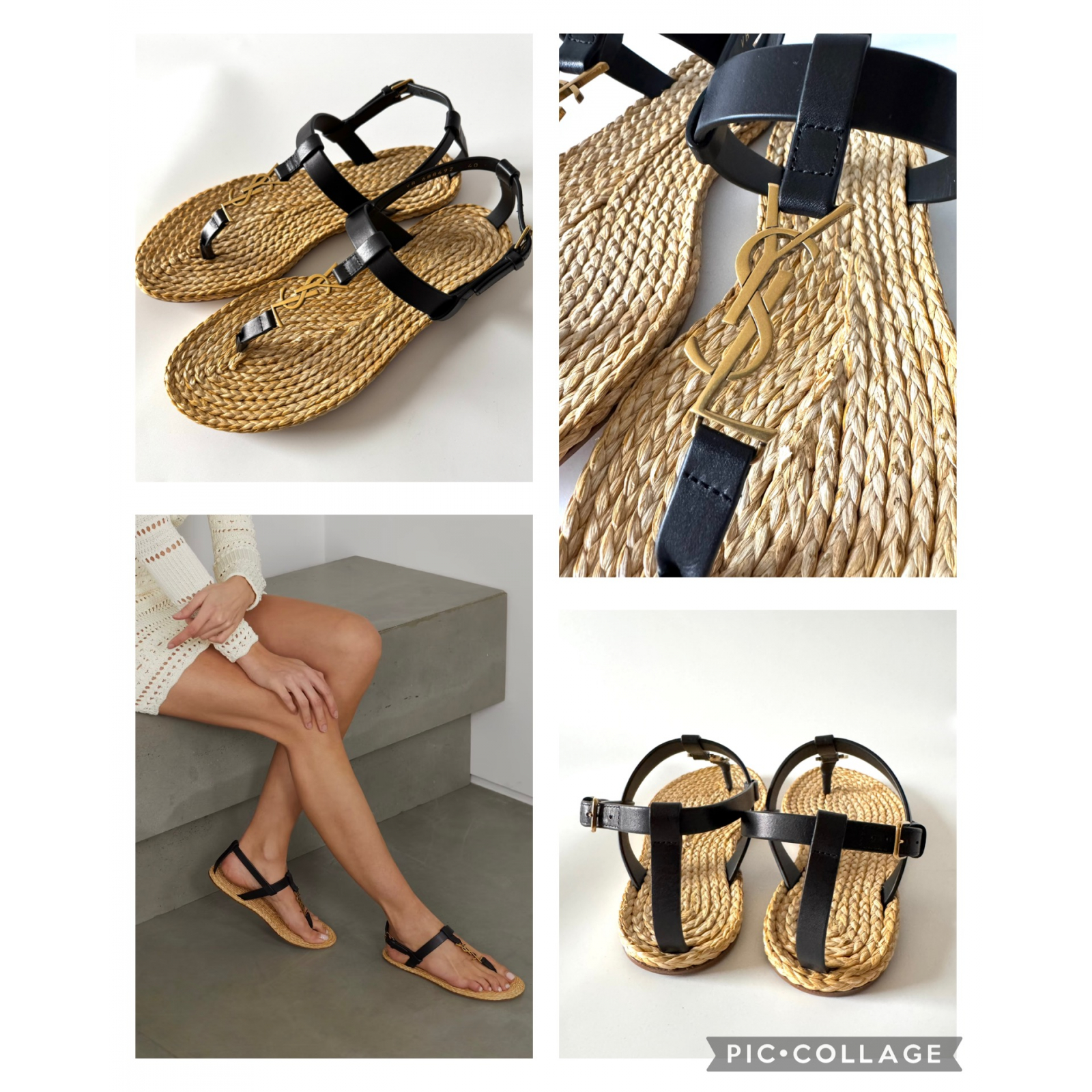 YSL SAINT LAURENT Cassandra Raffia Flat Thong Sandals - sandały