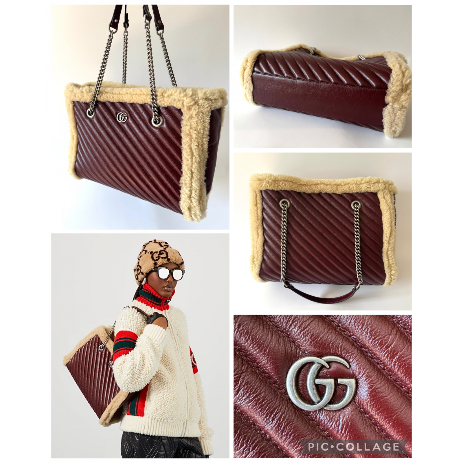 GUCCI Azalea Matelasse Shearling Medium Marmont Tote - torebka