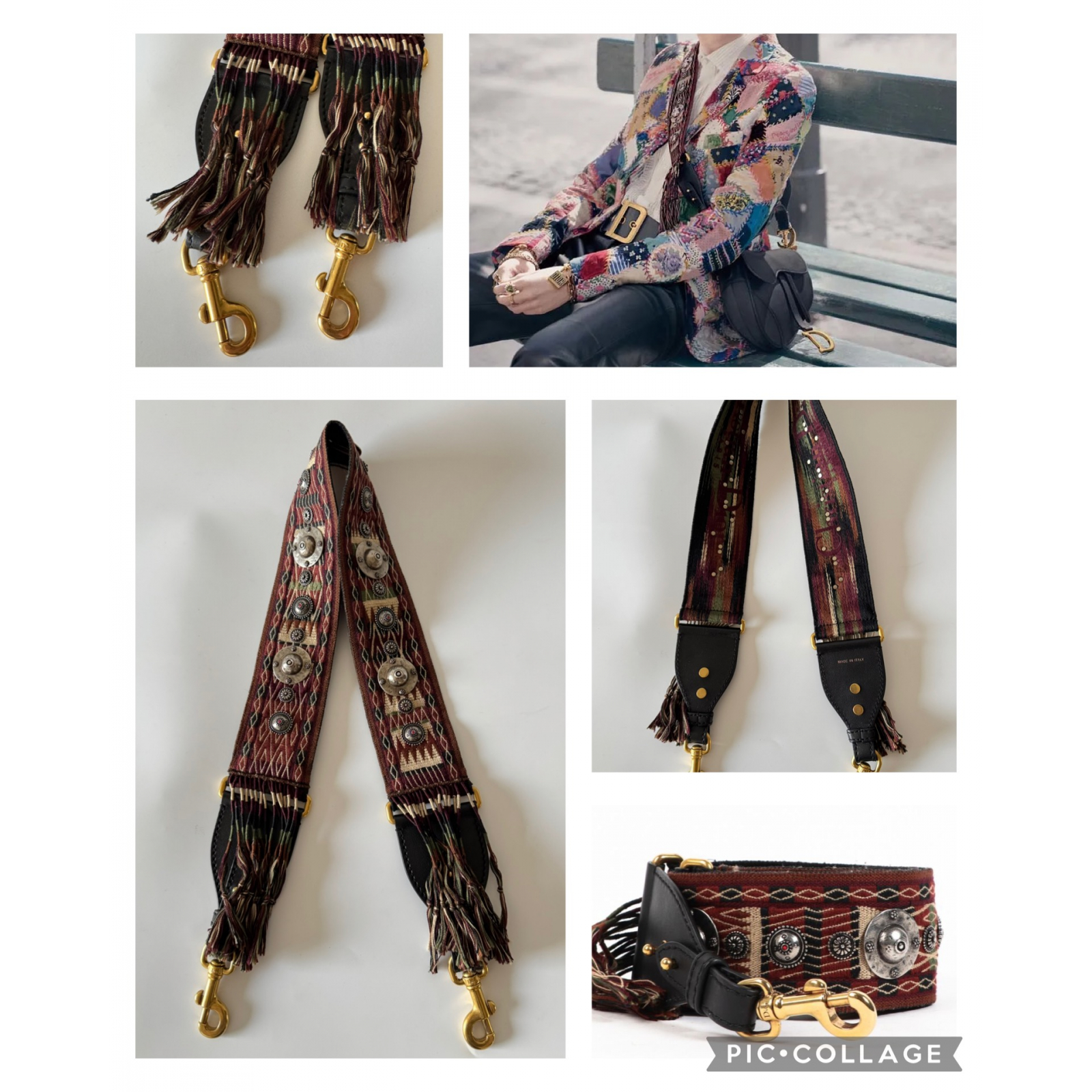 DIOR Canvas Embroidered Studded Fringe Bohemian Shoulder Strap - pasek do torebki