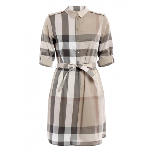 BURBERRY Women’s Kelsy Check Print Cotton Belted Shirt Dress in Pale Stone – sukienka