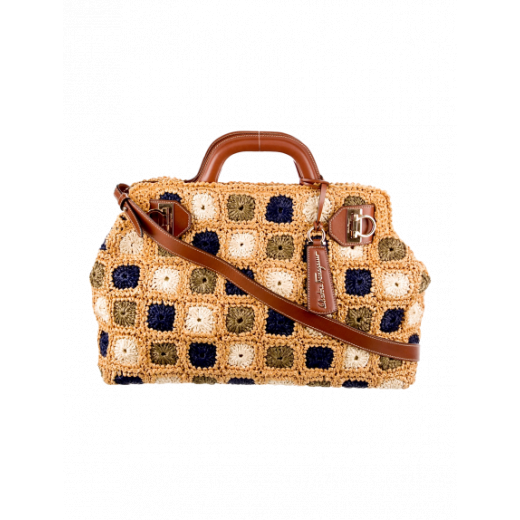 SALVATORE FERRAGAMO Gancini Handle Tote Raffia Wicker Bag - torebka