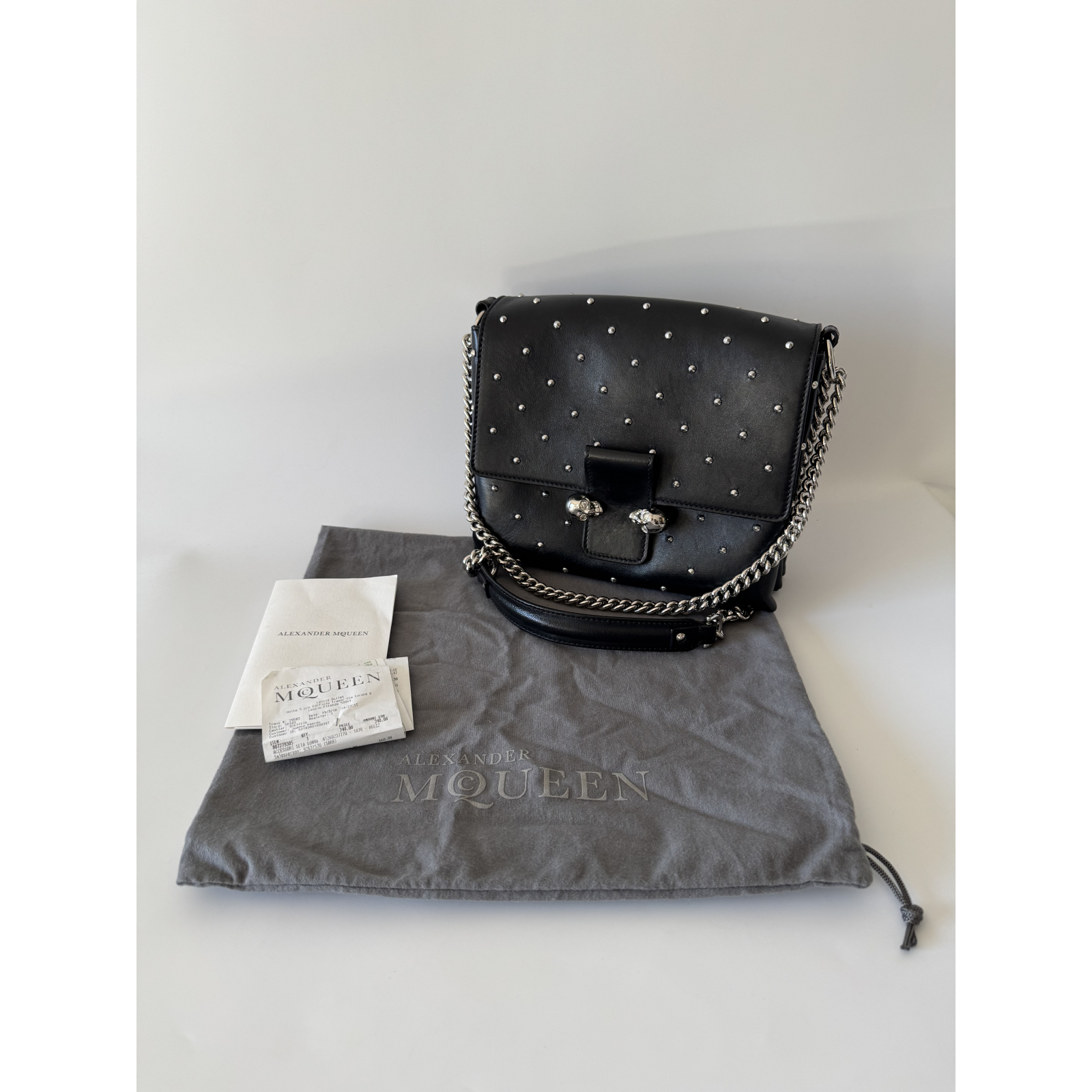 ALEXANDER MCQUEEN Black Leather Studded Twin Skull Flap Shoulder Bag - torebka