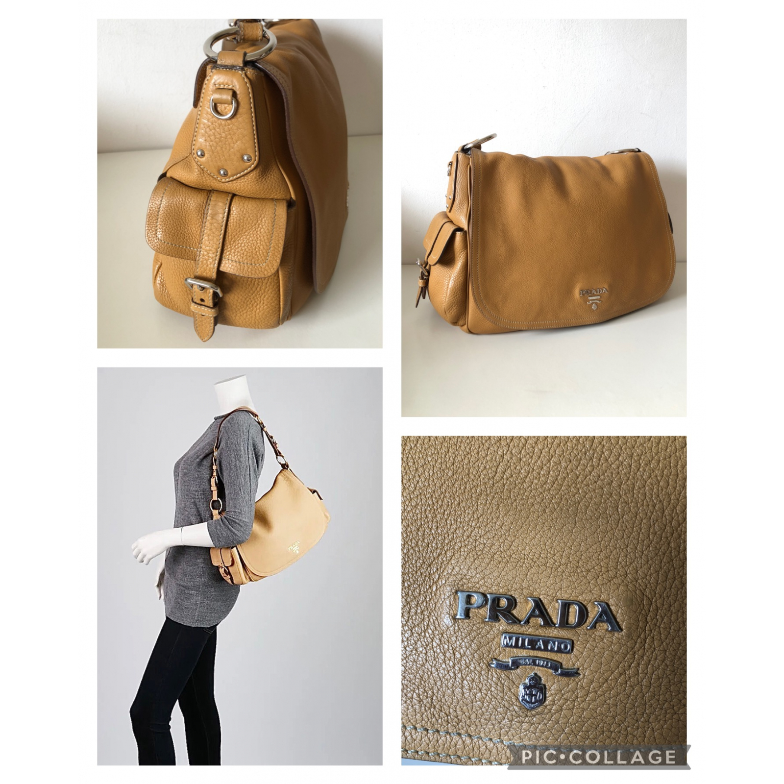PRADA Sabbia Vitello Daino Leather Flap Shoulder Bag - torebka