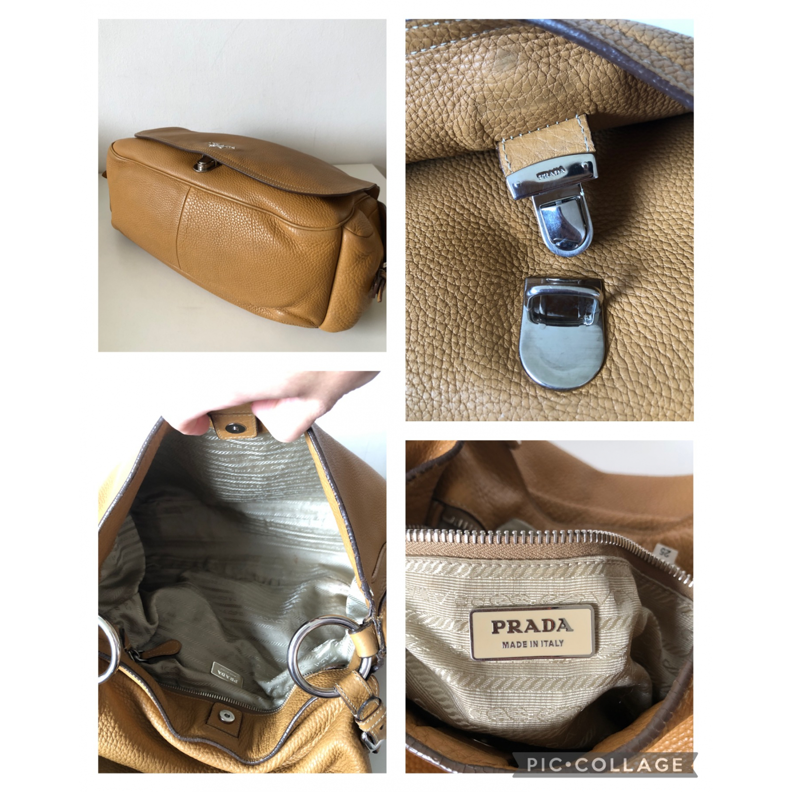 PRADA Sabbia Vitello Daino Leather Flap Shoulder Bag - torebka