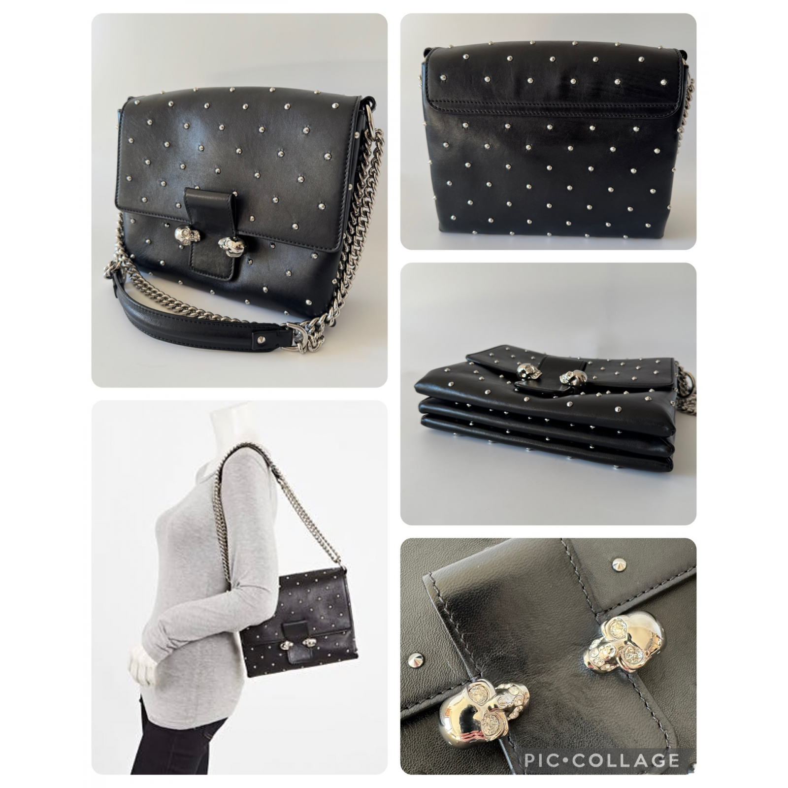 ALEXANDER MCQUEEN Black Leather Studded Twin Skull Flap Shoulder Bag - torebka