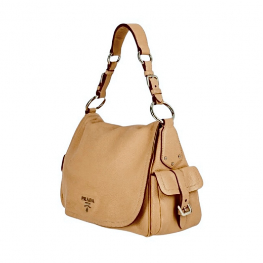 PRADA Sabbia Vitello Daino Leather Flap Shoulder Bag - torebka